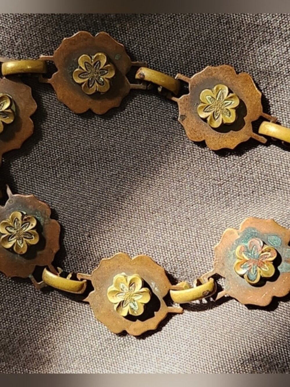 Mid Century Floral Link Bracelet Copper Brass Patina